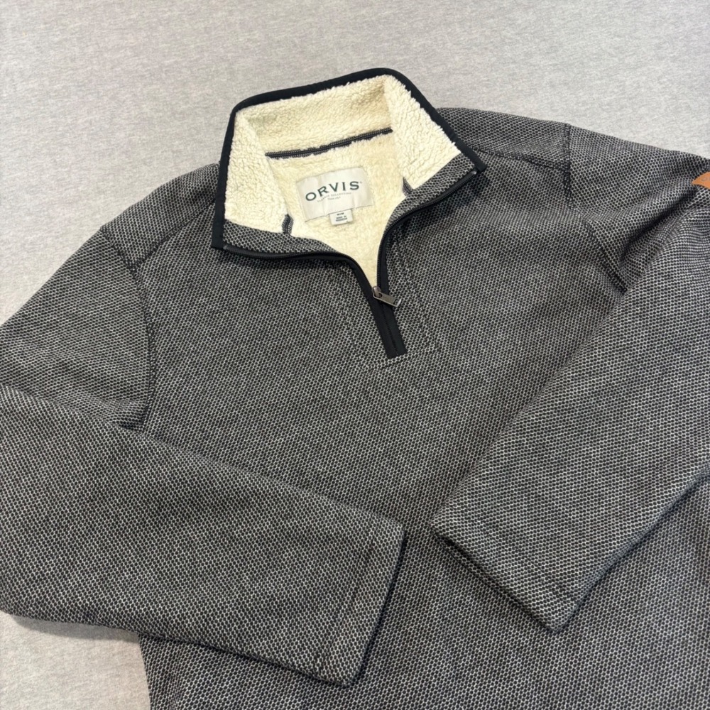 Orvis Mens Medium Quarter Zip Sherpa Lined Pullover Honeycomb Knit Grey 1526440
